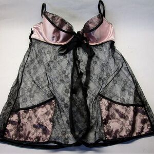 Vintage Victorias Secret Babydoll Bustier Lace Pink Slip Dress Lingerie